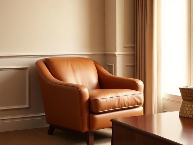A tub chair in tan leather