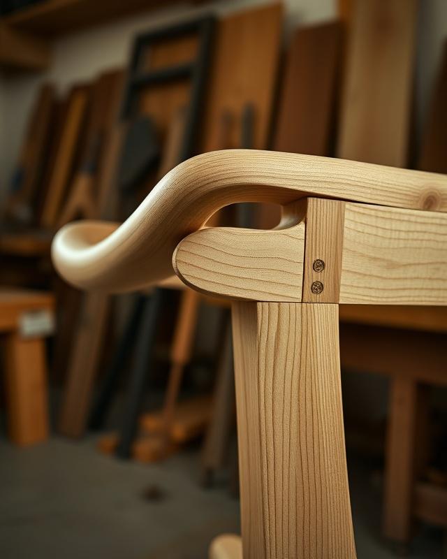Close-up of a hand-tied armchair frame in raw oak