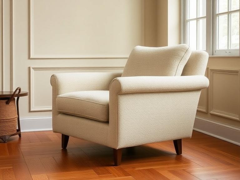 A deep, low lounge chair in cream boucle
