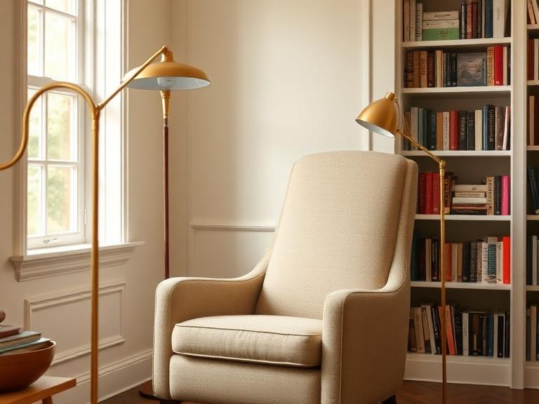Upright reading chair in oat fabric with reading lamp beside it