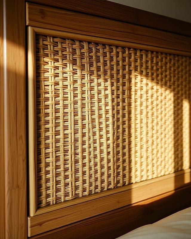 Detail of a cane-infill headboard with oak frame