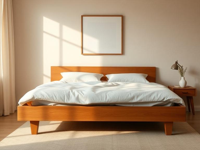 Low oak platform bed with no headboard