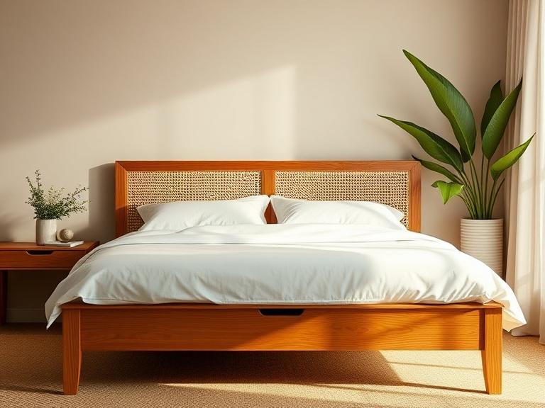 Bed frame with woven cane headboard panels