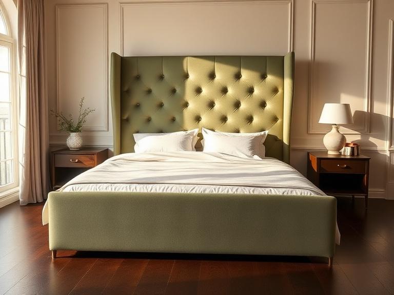 Upholstered wing-back bed in muted green velvet