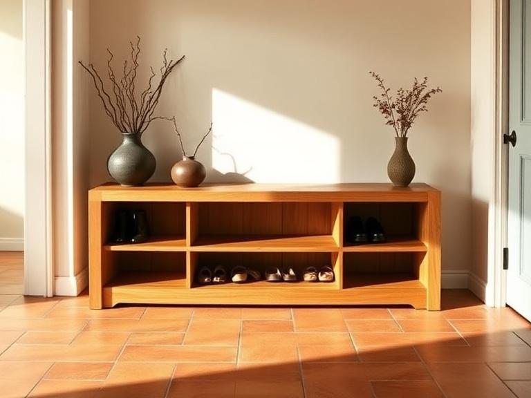 A long entryway bench in oak with shoe storage underneath
