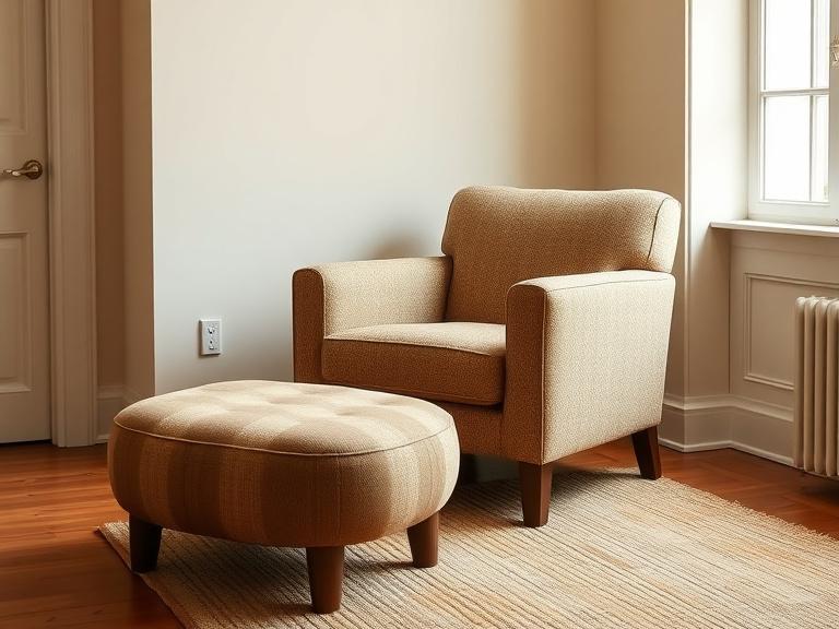 An armchair upholstered in oat-coloured boucle next to a low walnut ottoman