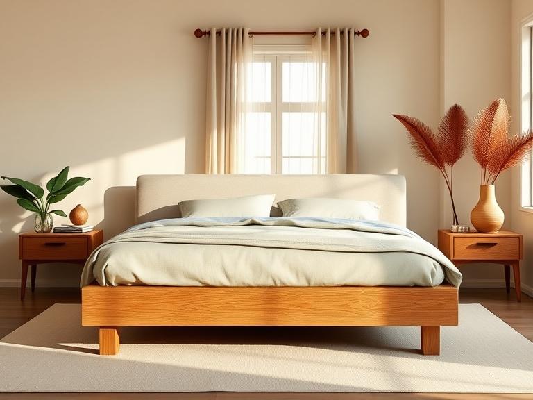 King-size bed frame in solid oak with low headboard