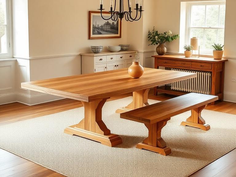 A solid oak dining bench beside a long dining table