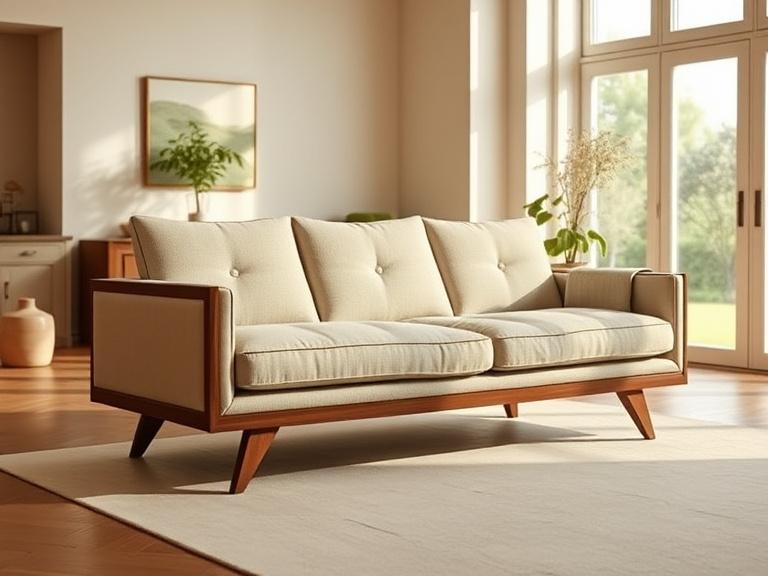 A linen-upholstered three-seat sofa with low walnut frame