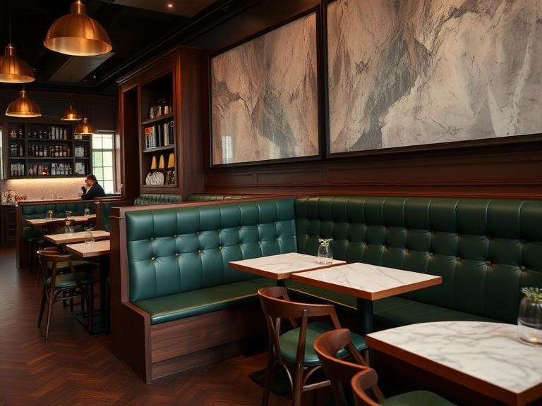 A cafe banquette installation in dark oak with green leather upholstery