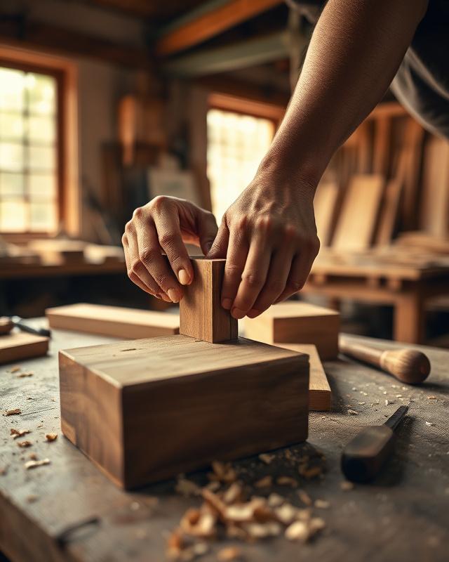 Craftsman fitting a tenon joint on a workshop bench, shavings on the floor