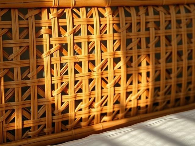 Hand-woven cane infill panel on a bed headboard