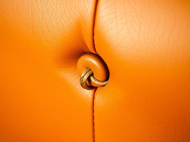 A hand-tied leather button on an armchair back