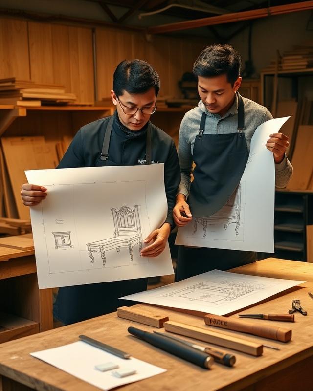 Two cabinetmakers reviewing technical drawings on a workshop bench