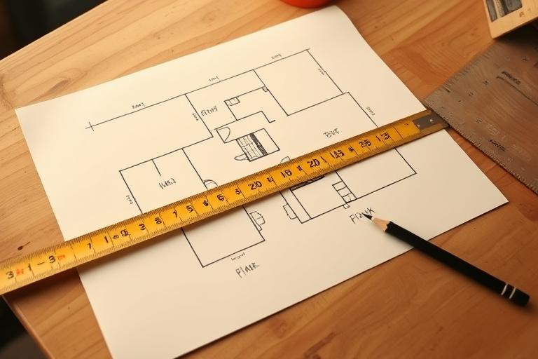 A measuring tape and floor plan on a wooden bench