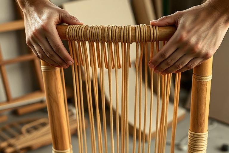 A close-up of woven rattan cane on a chair back