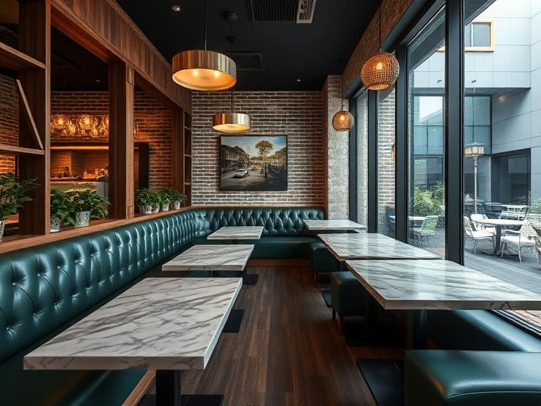 Cafe seating with bench-style banquettes in dark oak