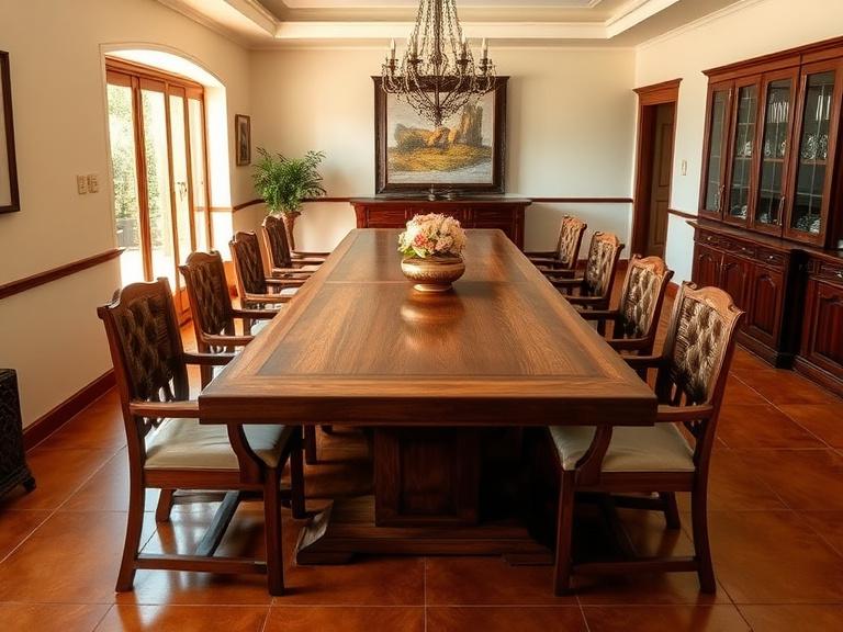 Long oak dining table with eight chairs in a Subang bungalow