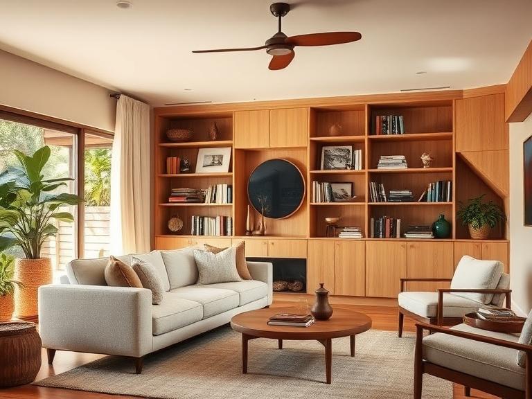 A TTDI living room with custom sofa and bookcase
