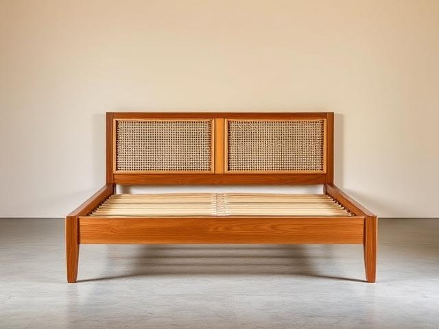 A queen-size Rotan Cane bed frame in oak