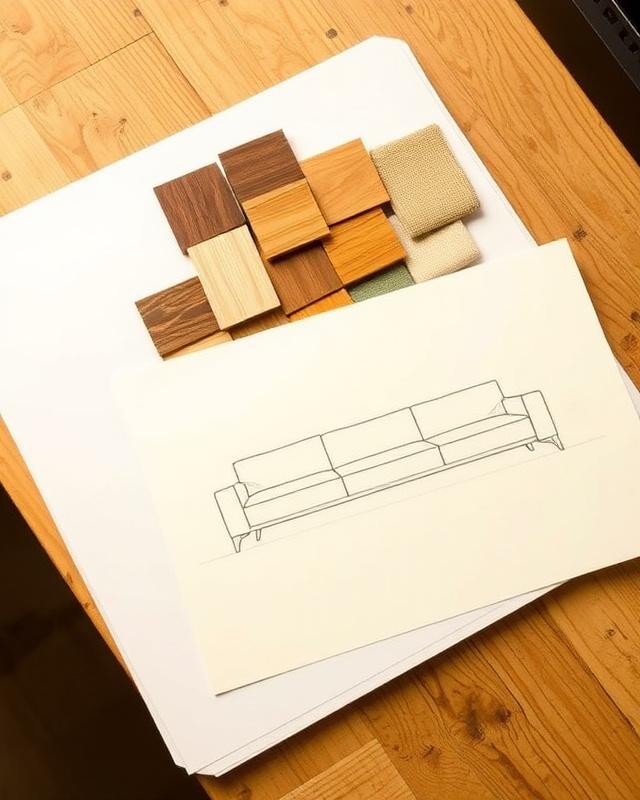 A sample board with timber chips, fabric swatches and a hand sketch of a sofa