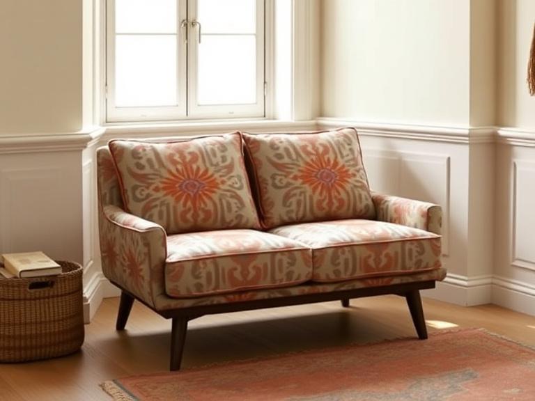 A loveseat in muted batik-print upholstery