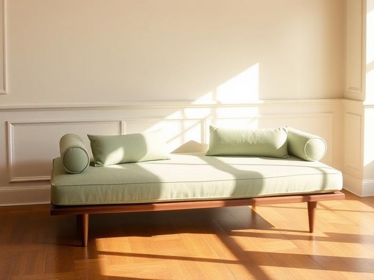 A daybed lounge with bolster cushions in a sunlit room