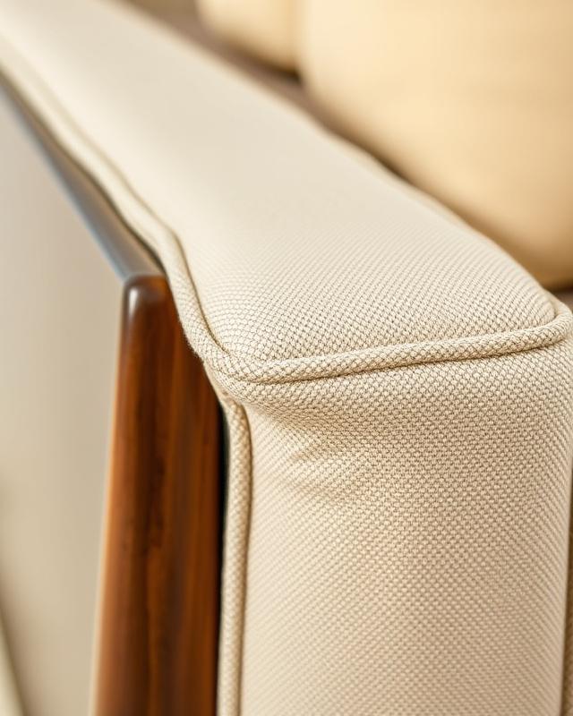 Close-up of a hand-stitched sofa arm in oat-coloured linen