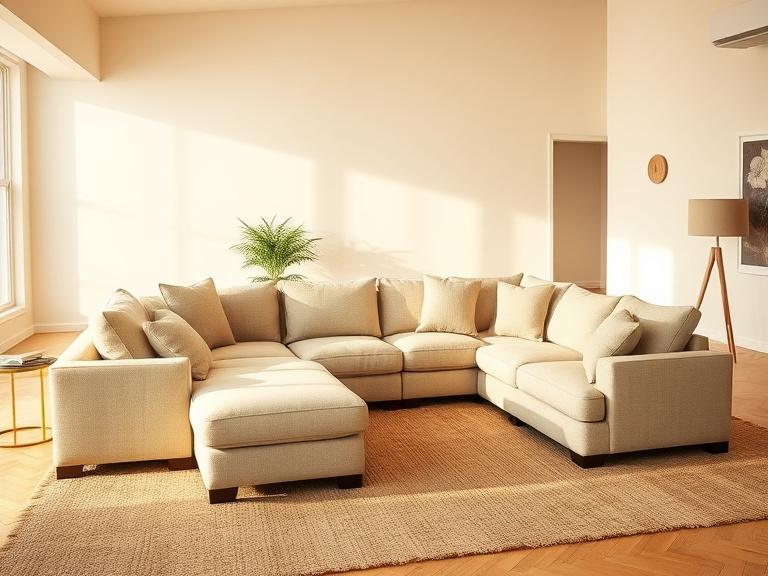 An L-shape sectional sofa with reversible chaise in oat fabric