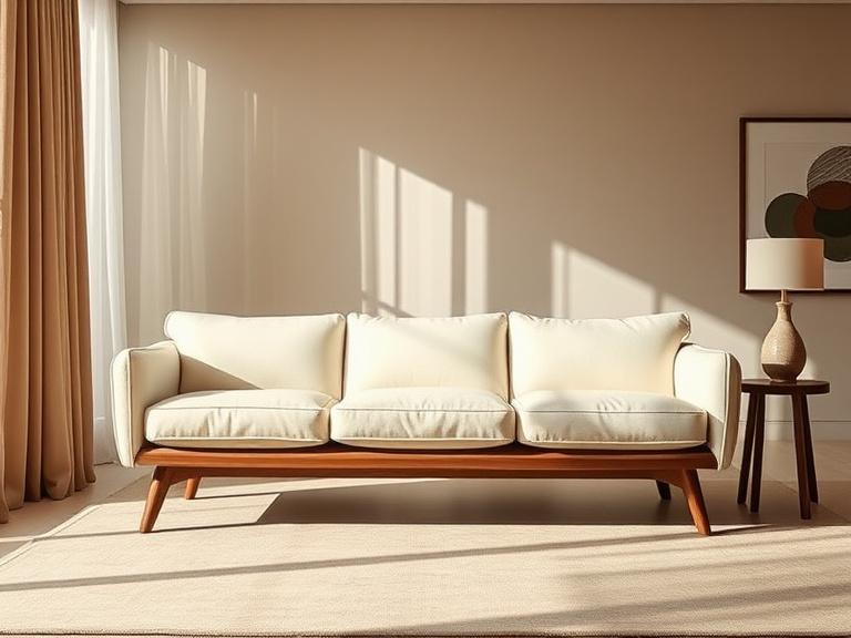 Three-seat low sofa in cream linen with walnut legs