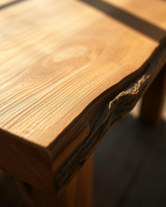 Close-up of a live-edge oak table top showing the natural bark side