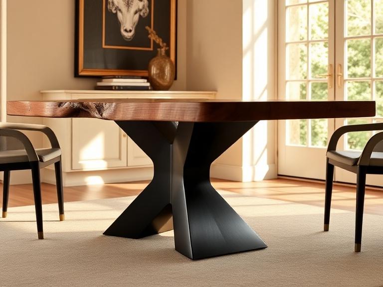 Live-edge walnut table with steel pedestal base