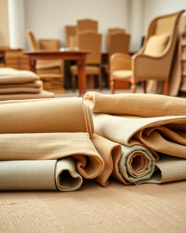 The upholstery floor with rolls of natural linen and chair frames in progress
