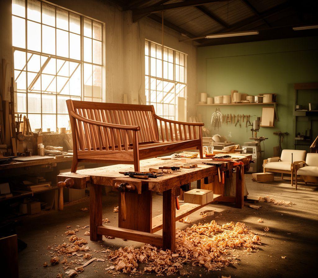 Airbrix workshop interior with a half-finished walnut sofa frame on the bench